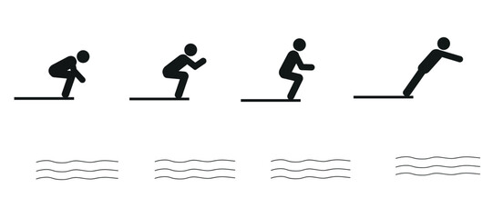 Wall Mural - A set of different poses of a person jumping into a pool. Flat vector illustration, pictogram of a man jumping into a pool, for web design, isolated on a white background