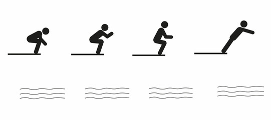 Sticker - A set of different poses of a person jumping into a pool. Flat illustration, pictogram of a man jumping into a pool, for web design, isolated on a white background