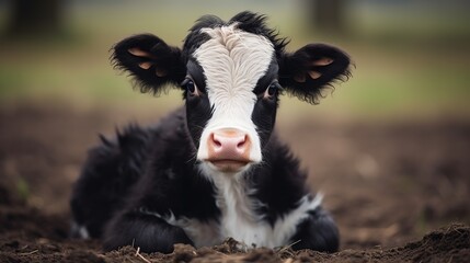 Wall Mural - a black and white baby cow in a farm