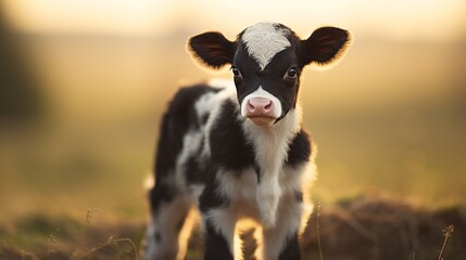 Wall Mural - a black and white baby cow in a farm