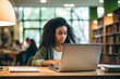 © yj - a african american female college student sitting at a desk in the library, focused on studying. generative AI