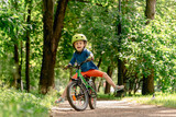 Fototapeta Zwierzęta - A child learning to ride a bicycle is unable to maintain balance and falls down.