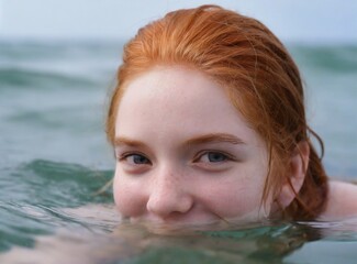 Poster - Playful redhead young girl swimming , having fun in the sea. Summer vacation travel  concept. Smiling face closeup. Beach scene. Portrait photography.