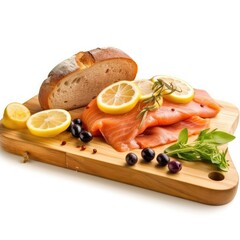 Wall Mural - Salmon Fillet on Wooden Board w Bread Olives