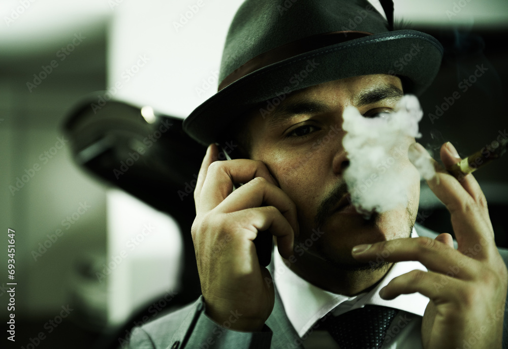Man, gangster and phone call while smoking or planning mafia, danger or ...