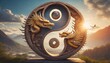 abstract yin and yang wood and dragon statue new year festive chinese poster
