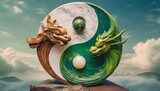 Fototapeta Konie - yin and yang wood and jade chinese dragon statue new year festive 