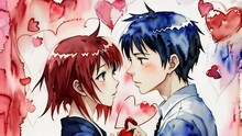 Two Anime Characters Are Seen Exchanging Gifts. The Background Is Filled With Colorful Hearts. Ideal For Themes Related To Love, Friendship, And Valentines Day. Watercolor. Stop Motion Style. Zoom In