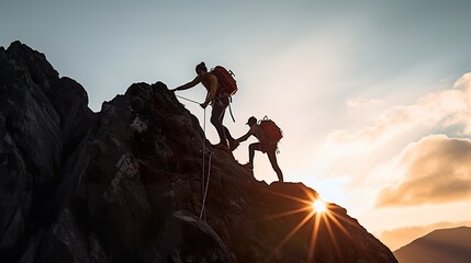 Silhouette People helping each other  hikers climbing up mountain cliff team work successfully