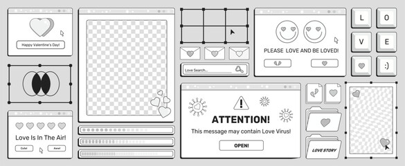 Set of screens of an old retro PC in the y2k style with greetings on a Valentine's Day holiday. Retro backgrounds, opened pc windows. Monochrome computer interface with hearts and text, vector art.