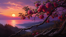Apples On A Tree Branch In The Garden At Sunset Sky