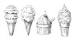 Set of ice cream drawings black and white, like pencil drawing. Vector illustration