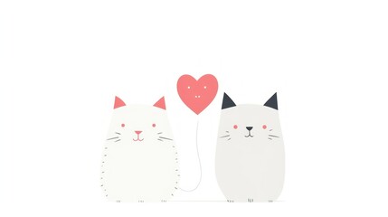 greeting card with empty space for text. cute two white smiling cat and heart in white and red colors. concept valentine's day, love, animals