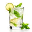 © Shafag - wet glass of cold lemonade with slices of lime, leaves of mint and cubes of ice isolated on white background. Made with generative ai