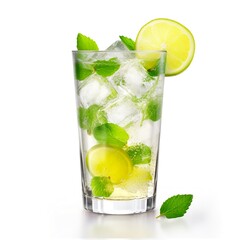 Wall Mural - wet glass of cold lemonade with slices of lime, leaves of mint and cubes of ice isolated on white background. Made with generative ai 