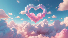 Clouds In The Sky In The Shape Of A Heart With Pastel Colors. Love Concept. Valentine's Day Hearts, Beautiful Colorful Clouds In The Background.