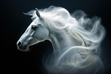 Abstract of white horse head have smoke and fog on black background. Mammals, Wildlife Animals, Illustration, Generative AI.