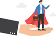 © WS DESIGN - Leadership or business growth concept, help to succeed in a job. Businessman superhero belief in supported hand. Flat vector illustration