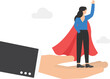 © WS DESIGN - Leadership or business growth concept, help to succeed in a job. Business woman superhero belief in supported hand. Flat vector illustration