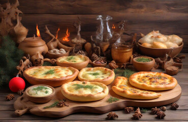 Delicious christmas georgian adjara khachapuri and kolkh khachapuri on wooden background