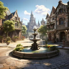 Wall Mural - A tranquil village square with an ornate fountain