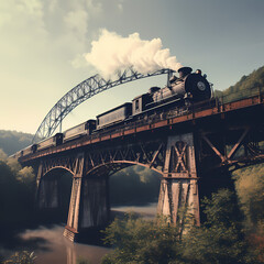 Canvas Print - A vintage train crossing a historic iron bridge