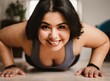 © D'Arcangelo Stock - Latin chubby young woman working out at home. Training, exercise concept.