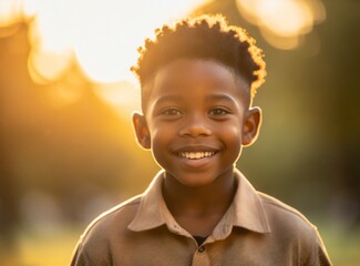 Canvas Print - African american child on the park, smiling, tender happy face, portrait closeup.