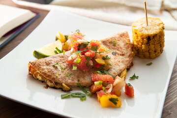 Quesadilla with grilled salsa and corn