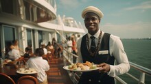 Portrait Of An African-American Man Holding A Tray With Luxurious Dishes Intended For Passengers Traveling On A Luxury Liner During The Summer Holidays. 
