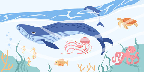 Sticker - Hand drawn sea animals composition with a whale underwater