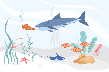 Wall Mural - Hand drawn sea animals composition with a shark underwater