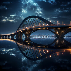 Canvas Print - Modern bridge with its lights reflecting in the calm water below