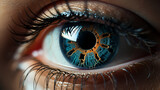 Fototapeta  - AR/VR augmented reality virtual reality becoming part of life concept. closeup of eye. futuristic contact lenses in eye for technology experience