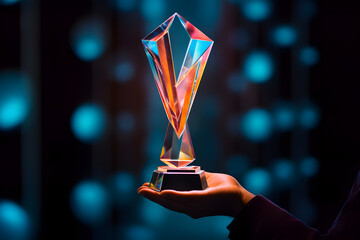 winner's glass award trophy cup in hand with bright illumination