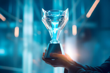 Winner's glass award trophy cup in hand with bright illumination