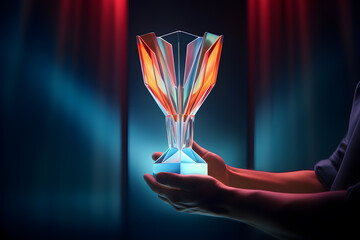 Wall Mural - Winner's glass award trophy cup in hand with bright illumination