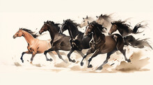 Ink Painting Illustration Of Galloping Horses