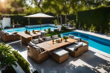 Wall Mural - sunbeds and dining zone near pool in backyard of modern house.