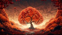 Lone Autumn Tree With Vibrant Yellow Orange Red Foliage In Heart Of Dense Autumn Forest, Creating Captivating Scene That Encapsulates Beauty Of Autumn Season, Tree As Symbol Of Seasonal Transition
