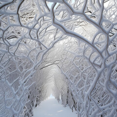 Sticker - Snow-covered branches forming an intricate lattice in a winter forest