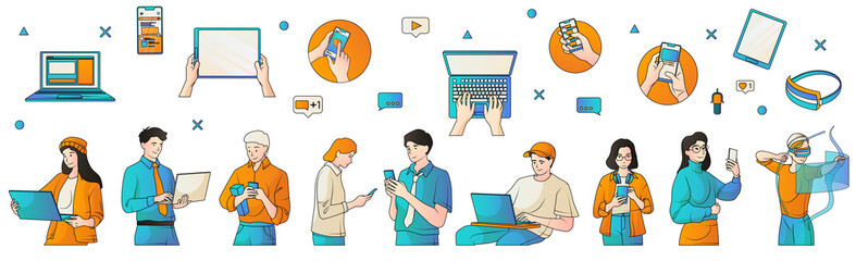 Hand drawn people using technology original elements collection with characters and devices