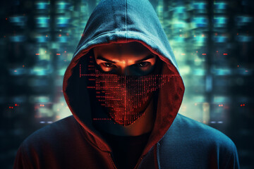 Generative AI portrait hacker in dark room secret organization community specialists