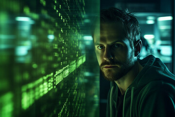 Generative AI portrait hacker in dark room secret organization community specialists