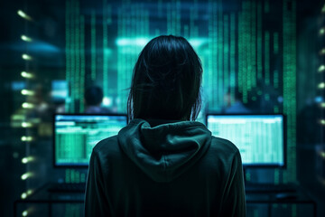Generative AI portrait hacker in dark room secret organization community specialists