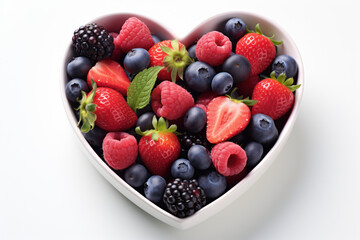 Canvas Print - A heart-shaped bowl filled with colorful berries, highlighting the connection between a healthy diet and cardiovascular well-being. Generative Ai.