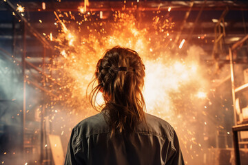 Wall Mural - Rear view photo of woman on industry factory looking on manufacturing iron welding metal and light sparks generative AI