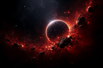 Wall Mural - planet red abstract in dark space with glow dots of stars