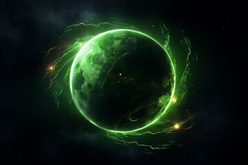 Wall Mural - planet green abstract in fantastic dark space with dots of stars