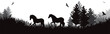 Vector silhouette of couple of horses running in park. Symbol of nature and horse riding.